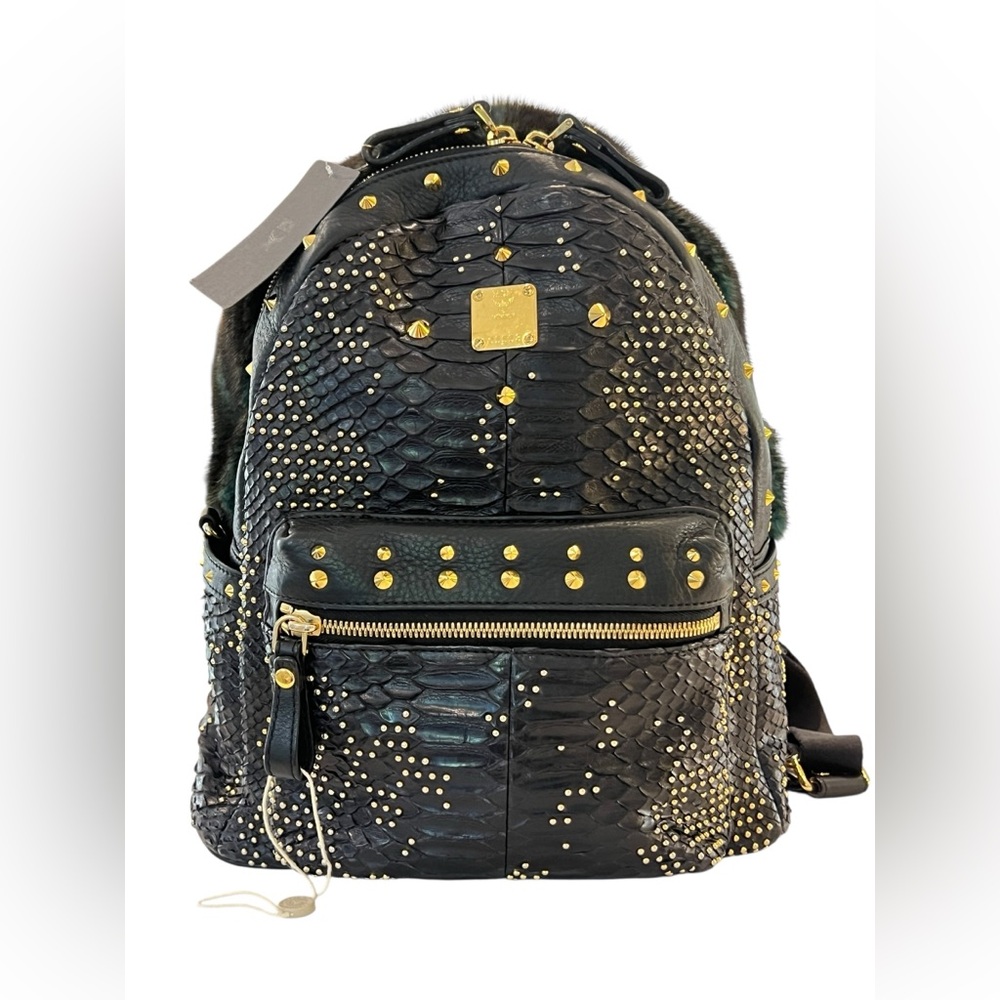 MCM Rabbit Fur Visetos Studded Small Stark Backpack